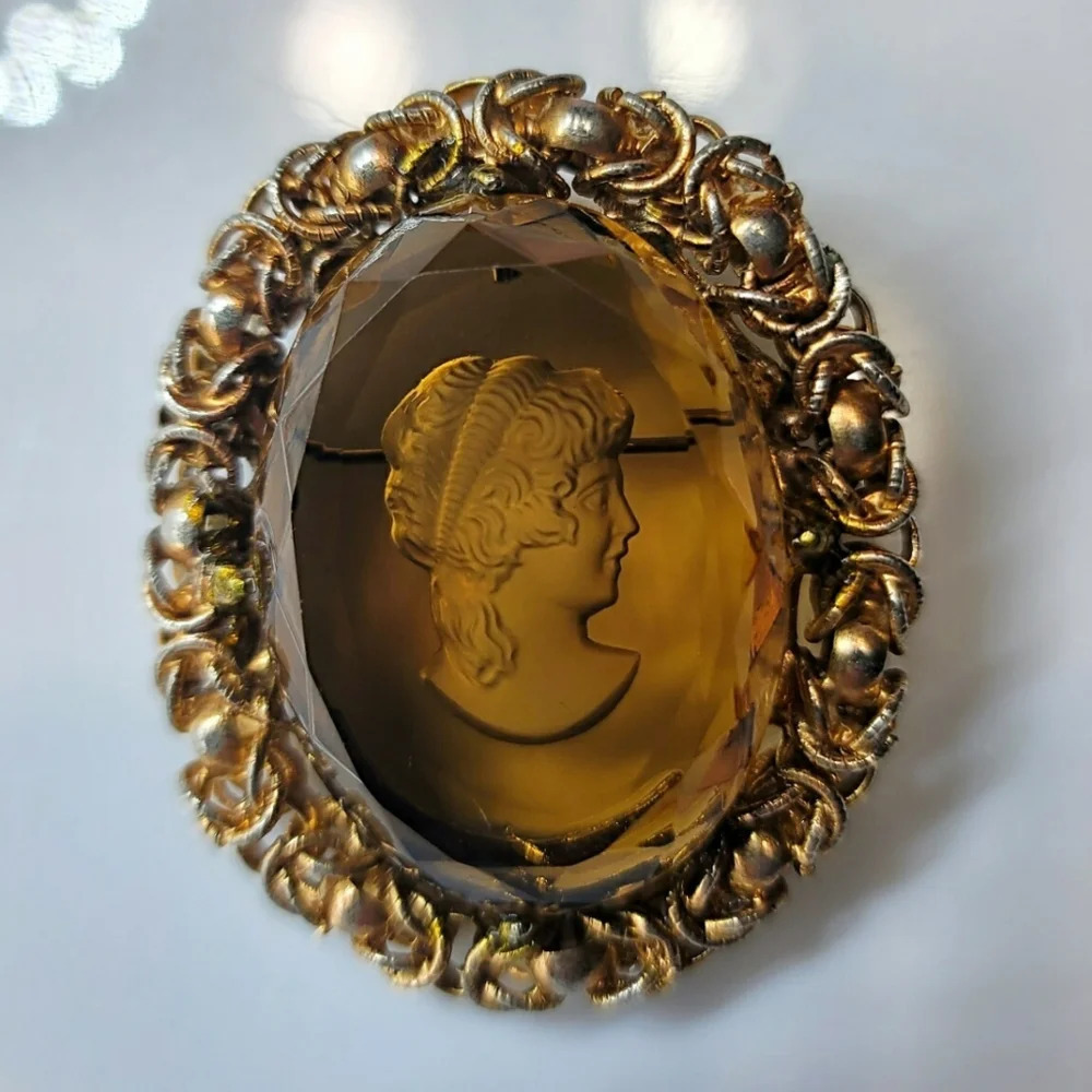 Vintage Etched Glass Topaz Colored Cameo Brooch